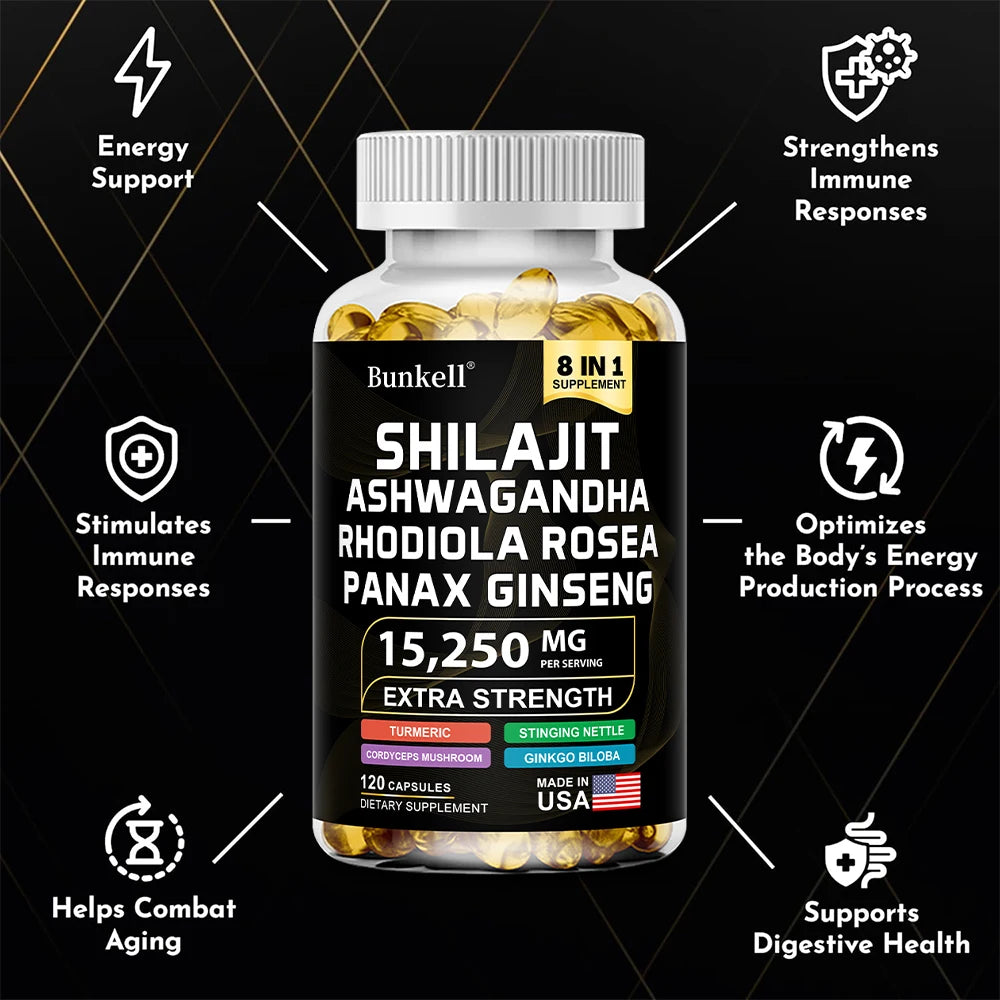 Shilajit 15,250 mg Capsules with Ginseng, Ashwagandha & Turmeric – Energy, Muscle Mass & Endurance Support