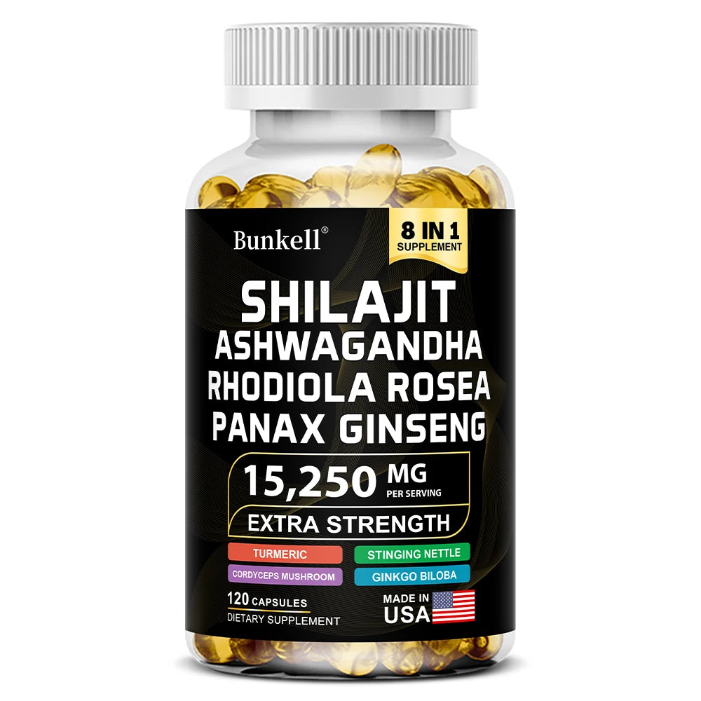 Shilajit 15,250 mg Capsules with Ginseng, Ashwagandha & Turmeric – Energy, Muscle Mass & Endurance Support