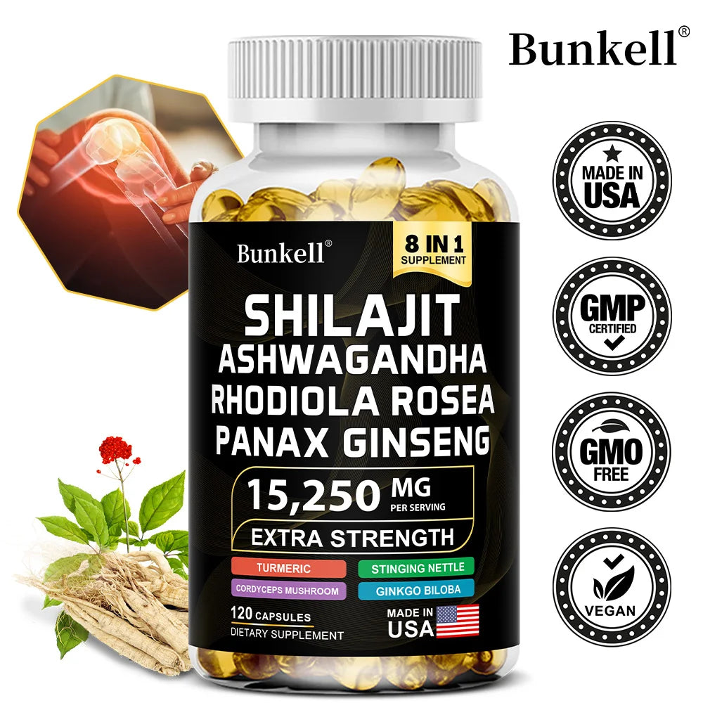 Shilajit 15,250 mg Capsules with Ginseng, Ashwagandha & Turmeric – Energy, Muscle Mass & Endurance Support