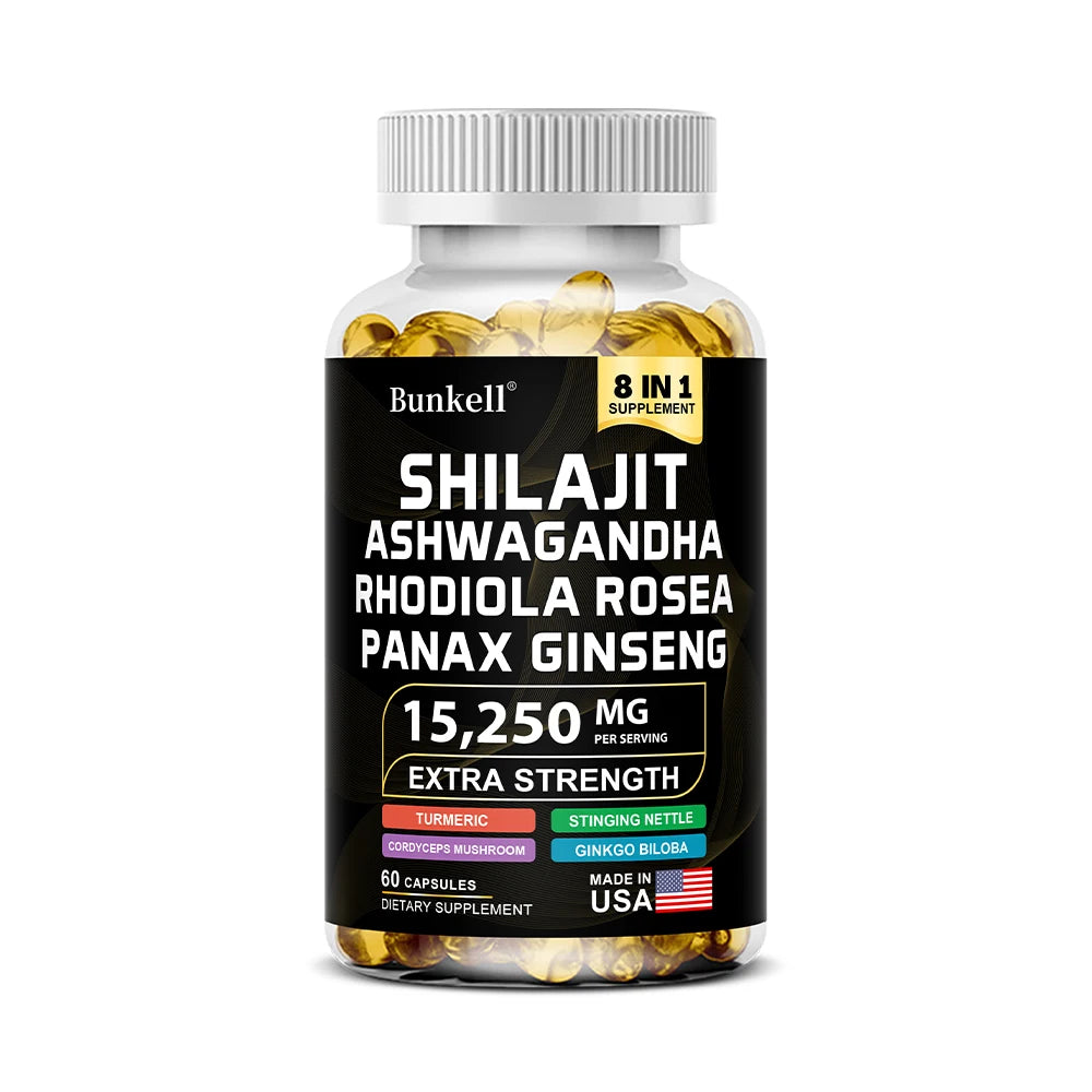 Shilajit 15,250 mg Capsules with Ginseng, Ashwagandha & Turmeric – Energy, Muscle Mass & Endurance Support