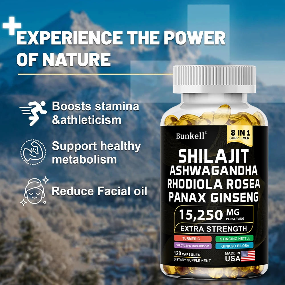 Shilajit 15,250 mg Capsules with Ginseng, Ashwagandha & Turmeric – Energy, Muscle Mass & Endurance Support