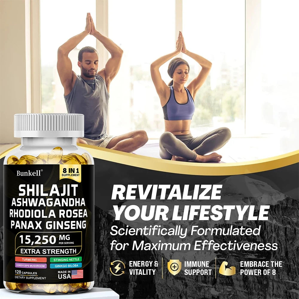 Shilajit 15,250 mg Capsules with Ginseng, Ashwagandha & Turmeric – Energy, Muscle Mass & Endurance Support